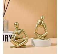 SIETIOJI Lot de 2 statues de penseur de lecture dorées - Figurines modernes abstraites esthétiques - Sculpture penseur en résine pour décoration de la maison, salon, bureau, bibliothèque, étagère et