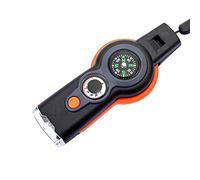 Sifflet de survie 7 en 1, sifflet, boussole, thermomètre, lumière LED, miroir, loupe, porte-clés, mini outil multifonction pour camping et plein air