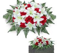 SIFOEL Fleur Artificielle pour Pierre tombale, Fleurs de cimetière, Bouquets de lys Roses artificiels pour décoration extérieure de Pierre tombale. (Lys Blanc, Selle de Fleurs)