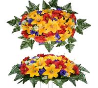 SIFOEL Fleur Artificielle pour Pierre tombale, Fleurs de cimetière, Bouquets de lys Roses artificiels pour décoration extérieure de Pierre tombale. (Lys Orange, Selle de Fleurs)