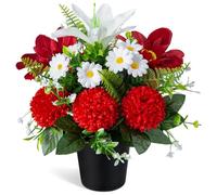SIFOEL Fleurs de cimetière artificielles en pot, chrysanthèmes artificiels, lys et marguerites avec pot, fleurs funéraires pour cimetière et extérieur, décoration de tombe (1 pièce, blanc et rouge)