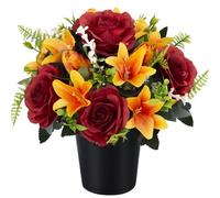 SIFOEL Fleurs de cimetière artificielles pour tombe, fleurs funéraires artificielles en soie tulipe en pot pour tombe cimetière décoration extérieure (1 pièce, rouge et orange)