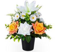 SIFOEL Fleurs funéraires artificielles en pot, rose, lys et marguerite artificiels avec pot pour cimetière, funérailles, décoration de tombe en plein air (1 pièce, orange et blanc)