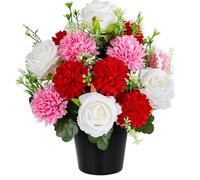 SIFOEL Fleurs funéraires artificielles pour cimetière - Chrysanthèmes et Roses artificielles - Fleurs commémoratives décoratives en Pot pour Tombe - Décoration extérieure et intérieure (1, Rouge)