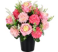 SIFOEL Fleurs funéraires artificielles pour cimetière - Chrysanthèmes et Roses artificielles - Fleurs commémoratives décoratives en Pot pour Tombe - Décoration extérieure et intérieure (1, Rose)