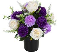 SIFOEL Fleurs funéraires artificielles pour cimetière - Chrysanthèmes et Roses artificielles - Fleurs commémoratives décoratives en Pot pour Tombe - Décoration extérieure et intérieure (1, Violet)