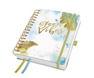 SIGEL 7J606 Agenda à spirale Jolie 2027-1 an - environ A5 - Good Vibes - 2 pages = 1 semaine - couverture rigide - 120 g/m² - bleu clair/or/blanc - 240 p. - certification FSC
