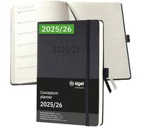 SIGEL C2603 Agenda semainier 2025/2026 A5, noir, couverture rigide, 256 pages, bande élastique, boucle pour stylo, poche d'archives, papier durable, calendrier 18 mois, calendrier conceptum