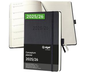 SIGEL C2603 Agenda semainier 2025/2026 A5, noir, couverture rigide, 256 pages, bande élastique, boucle pour stylo, poche d'archives, papier durable, calendrier 18 mois, calendrier conceptum