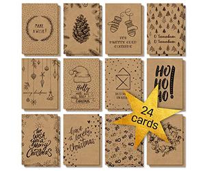 SIGEL DS700 Lot de 24 Cartes postales de Noël, 12 motifs, en papier kraft certifié PEFC, avec insription, facile à imprimer