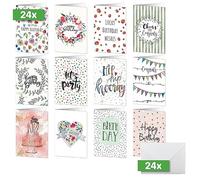 SIGEL DS704 Lot de 24 cartes d'anniversaire « Happy Birthday » en carton blanc A6 avec inscription + 24 enveloppes