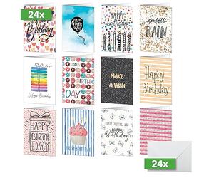SIGEL DS705 Lot de 24 cartes d'anniversaire « Colorful Birthday Fun », 2 plis, format A6, en carton blanc, avec inscription + 24 enveloppes