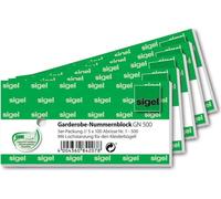 SIGEL GN500 Bloc de numéros de vestiaires, paquet de 5, numéroté 1-500, 2 couleurs assorties, avec déchirure perforée et perforation pour le cintre, 105x50 mm, 5 x 100