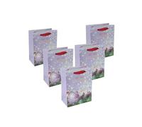 SIGEL GT126 Lot de 5 sacs cadeaux petits - Bleu/vert - Boule de Noël - Avec fond et poignées en ruban de soie assorties - En plastique et carton blanc - 18 x 23 x 10 cm