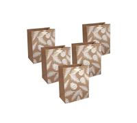 SIGEL GT131 Lot de 5 sacs cadeaux en plastique marron et blanc, motif pommes de pin et branches de pin, fond et poignées en ruban de soie de couleur assortie, 18 x 23 x 10 cm