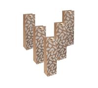 SIGEL GT132 Lot de 5 sacs-cadeaux pour bouteille - Pommes de pin et branches de pin - Avec fond et poignées en ruban de soie de couleur assortie - En plastique - Marron et blanc - 10 x 35 x 8 cm
