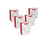 SIGEL GT133 Lot de 5 sacs cadeaux en plastique avec fond et poignées en ruban de soie assorties Blanc/doré/rouge 18 x 23 x 10 cm