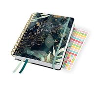 SIGEL J4603 Jolie Agenda à spirale 2024, Glamorous Leaves, 16,8 x 21,5 cm, couverture rigide, 240 pages, noir, vert, gold