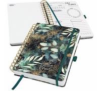 SIGEL JP203 Jolie Agenda de la journée sans date, Glamorous Leaves, 120 g/m², 16,8 x 21,5 cm, couverture rigide, 240 pages, vert, noir, gold