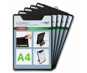 Sigel KB100 Lot de 5 Porte-menus avec pince, pour tenir jusqu'à 20 feuilles A4 (80g-m²) | Planche avec pince, Planchette à pince, Porte-block, Noir
