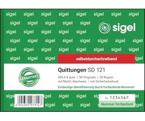 SIGEL SD121 Bloc de reçus numéroté consécutif, numéro unique à 7 chiffres, format A6 paysage, 2 x 50 feuilles, autocopiant, en papier durable