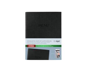 SIGEL SM203 Protège-menu - 1 pièces - fourni avec 2 pochettes transparentes 4 vues pour 8 feuilles - reliure à cordon élastique - A5 - noir
