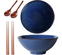 Sightday Lot de 2 bols à ramen avec cuillères à ramen et baguettes - Grand bol à nouilles en céramique pour pâtes, soupe, salade, céréales (bleu) - Capacité de 1200 ml