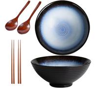 Sightday Lot de 2 bols à ramen (bol à ramen avec cuillères à ramen, baguettes), bol en céramique pour pâtes, collations, soupe, salade, céréales, grand bol(noir)