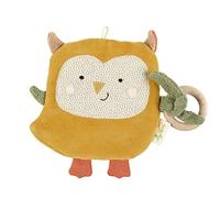 SIGIKID 39727 Hochet froissé en coton bio avec anneau en bois de hêtre pour bébé et enfant de 0 à 36 mois Jaune/marron 19 x 23 x 4 cm Motif chouette verte