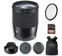 Sigma 16mm f/1.4 DC DN Contemporary Lens for Sony E | APS-C Format, Super Multi-Layer Coating, Weather-Sealed, Tiffen 67mm UV Protector Filter, 64GB Extreme Pro Memory Card, and Waith Camera Bag