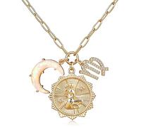 Sign Coin with Opal Crescent Moon Charm for Women Trendy Girls, Dainty Paperclip Chain 12 Constellation Horoscope s Astrology Jewelry Gifts