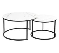 SIGNAL MEBLE Lot De 2 Tables Gigognes Atlanta Rondes en Métal ETT Verre Effet Marbre - Blanc/Noir - D 80 X H 45 Cm.