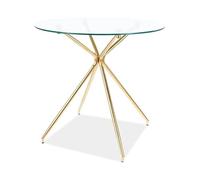 SIGNAL MEBLE Table Ronde en Verre Trempé Transparent avec des Pieds en Métal Doré - 4 Couverts - D 80 Cm X H 76 Cm