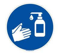 Signalétique.biz® - Adhésif Gestes Barrières : Désinfection des Mains à L'Aide de Gel Hydroalcoolique - Diam 125mm - Protection Anti-UV