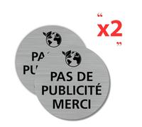 Signalétique.biz France - Lot de 2 Plaques de porte Pas de publicité Merci (Q0455) - Diamètre 83 mm - Adhésif aspect aluminium brossé