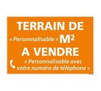 Signalétique.biz France - Panneau Immobilier Personnalisable Terrain à Vendre avec m2 avec Oeillets aux 4 coins - Orange - Plastique rigide AKILUX 3,5mm - Dimensions 600x400 mm
