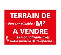 Signalétique.biz France - Panneau Immobilier Personnalisable Terrain à Vendre avec m2 avec Oeillets aux 4 coins - Rouge - Plastique rigide AKILUX 3,5mm - Dimensions 600x400 mm