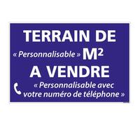 Signalétique.biz France - Panneau Immobilier Personnalisable Terrain à Vendre avec m2 - Bleu - Plastique rigide AKILUX 3,5mm - Dimensions 600x400 mm
