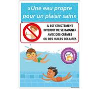 Signalétique.biz France - Panneau piscine eau propre pour un plaisir sain. Interdiction de baignade avec crèmes et huiles de bain (S_H0522) - 210 x 300 mm - Aluminium 2 mm - Aluminium 2 mm -