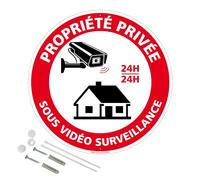 Signalétique.biz France - Panneau Propriété Privée Sous Vidéosurveillance 24H24 Aluminium 2 Mm - Diam. 250 Mm Signalisation Prépercée Avec Kit De Fixation Fabrication Française