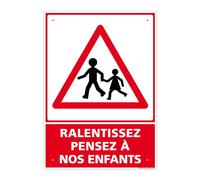 Signalétique.biz France - Panneau Ralentissez, Pensez À Nos Enfants Alu 2 Mm - 210 X 300 Mm Signalisation Rectangulaire Prépercée Avec Kit De Fixation Fabrication Française