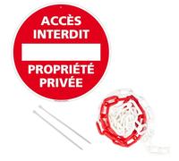 Signalétique.biz France - panneau rond en aluminium 300mm - Accès interdit propriété privée, avec chaîne plastique rouge et blanche 5m + colliers de serrage.