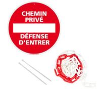 Signalétique.biz France - panneau rond en aluminium 300mm - Chemin privé défense d'entrer, avec chaîne plastique rouge et blanche 5m + colliers de serrage.