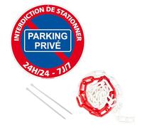 Signalétique.biz France - panneau rond en aluminium 300mm - Parking privé interdiction de stationner 24h/24-7j/7, avec chaîne plastique rouge et blanche 5m + colliers de serrage.