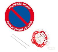Signalétique.biz France - panneau rond en aluminium 300mm - Propriété privée Emplacement réservé, avec chaîne plastique rouge et blanche 5m + colliers de serrage.