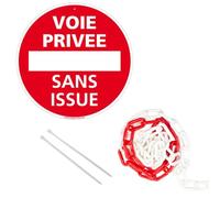 Signalétique.biz France - panneau rond en aluminium 300mm - Voie privée sans issue, avec chaîne plastique rouge et blanche 5m + colliers de serrage.