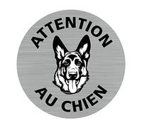 Signalétique.biz France - Plaque de porte Attention - Au chien (Q0457) - Diamètre 76 mm - Adhésif aspect aluminium brossé