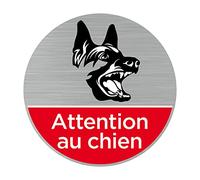 Signalétique.biz France - Plaque de porte Attention au Chien (Q0469) - Diamètre 83 mm - Plaque aluminium brossé de 2mm