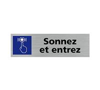 Signalétique.biz France - Plaque de porte SONNEZ ET ENTREZ (Q0239) - 170 X 50 mm - Adhésif aspect aluminium brossé