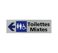 Signalétique.biz France - Plaque de porte TOILETTES MIXTES FLECHE VERS LA GAUCHE (Q0418) - 170 X 50 mm - Plaque aluminium brossé de 2mm